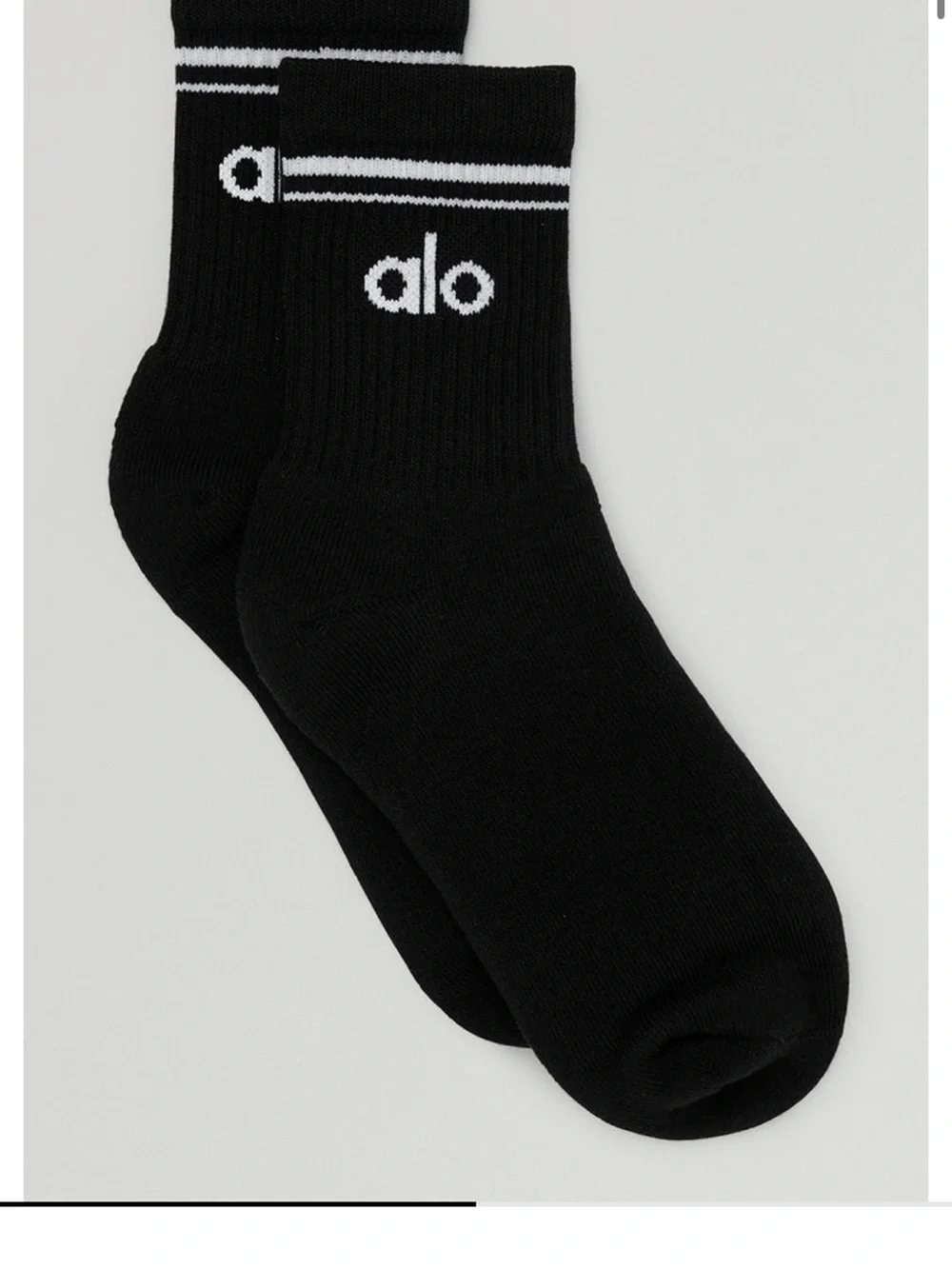 ALO Yoga Black Unisex Half-Crew Athletic Socks with White Logo